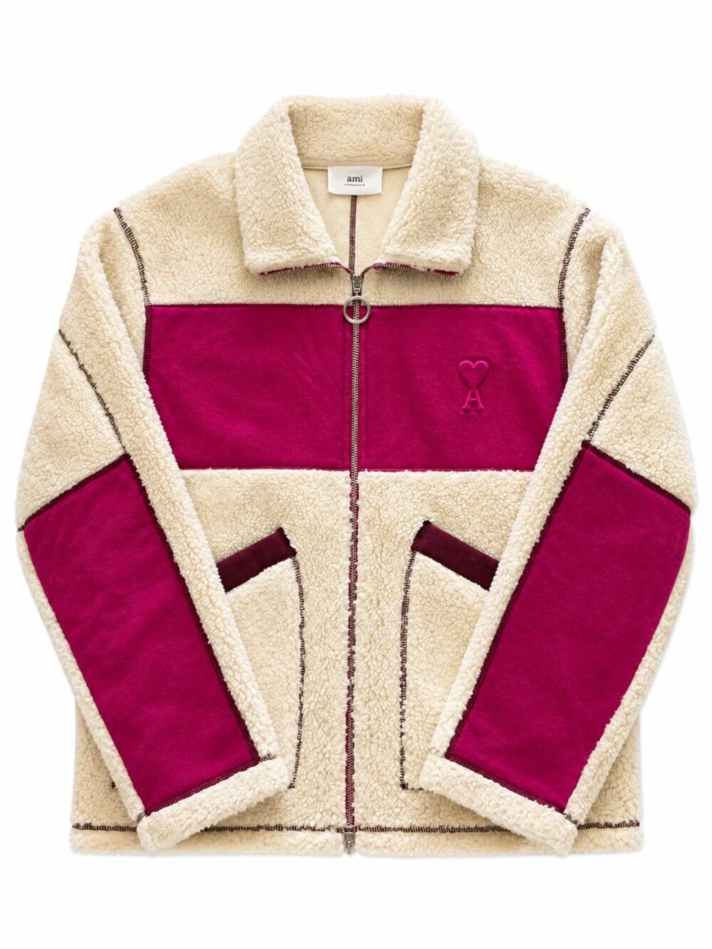 AMI Paris Ami de Cœur Faux Shearling Zipped Jacket Off White/Fuchsia Unisex